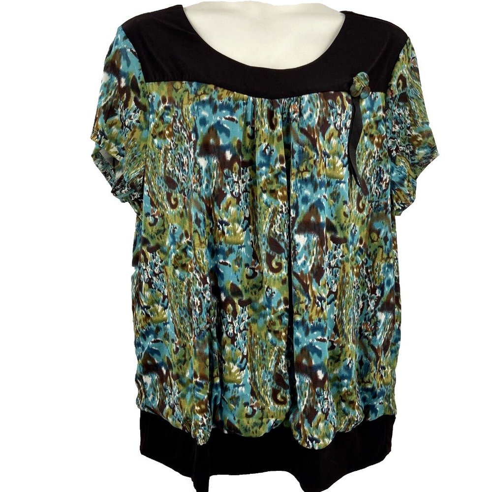 Simply French Sz 3X Blouse Pull Over Lined Watercolor Short Sleeve Stretch Scoop